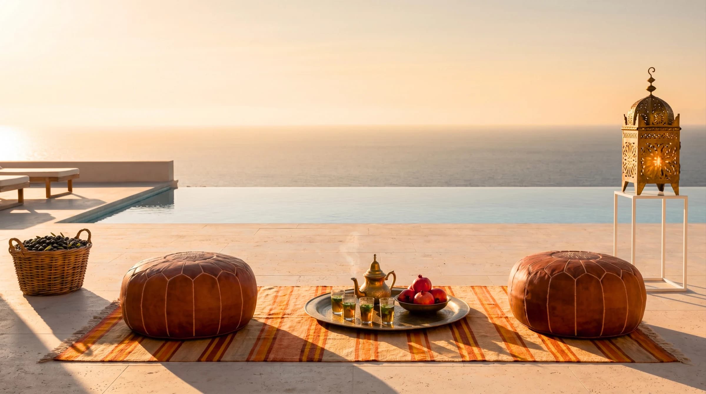 Two tobacco-leather Moroccan poufs flanking a brass tea tray on a striped Berber runner at golden hour above the Mediterranean