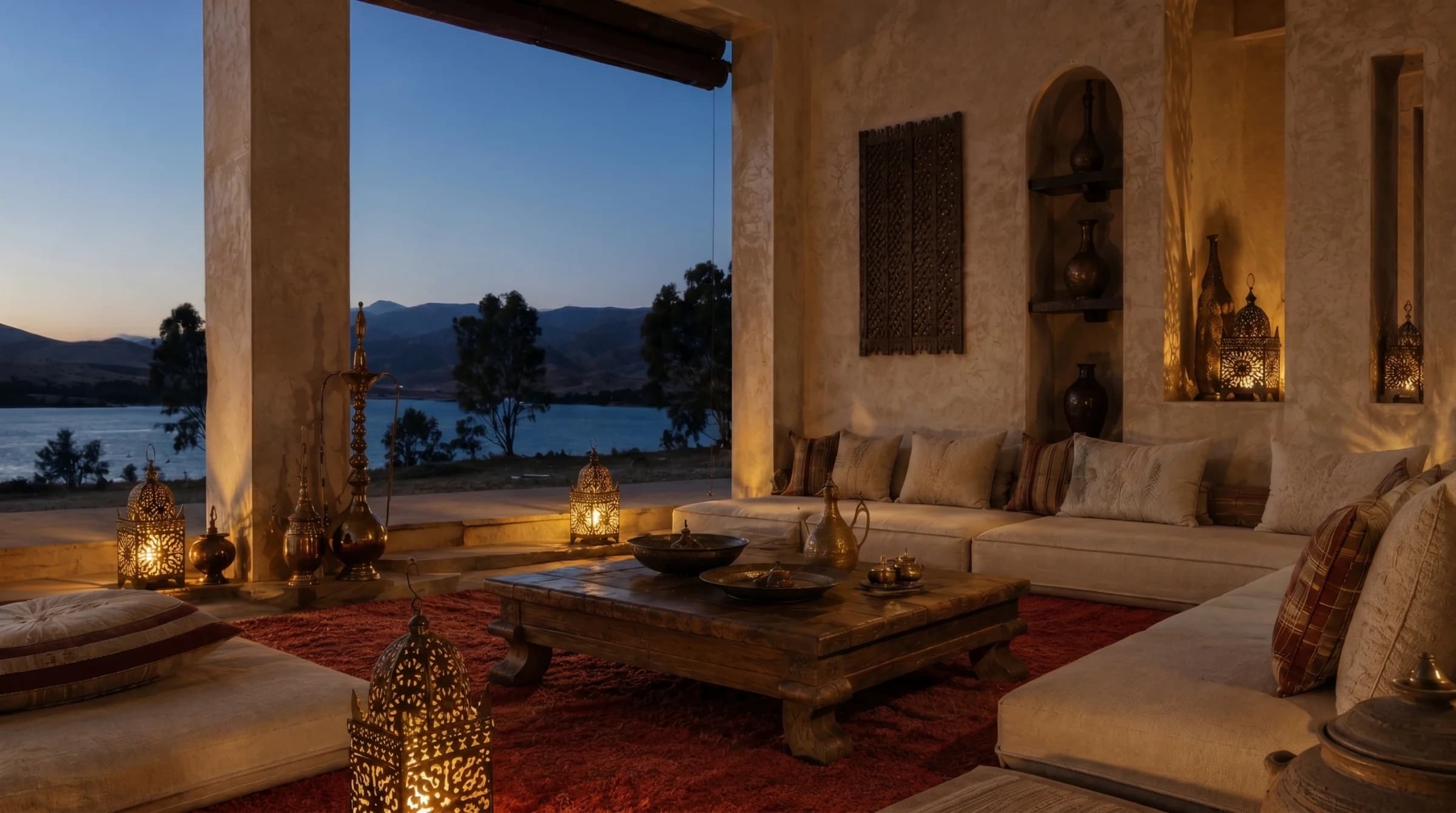 Moroccan riad salon at dusk — banquette, brass lanterns, low carved table, lake and Atlas mountains beyond