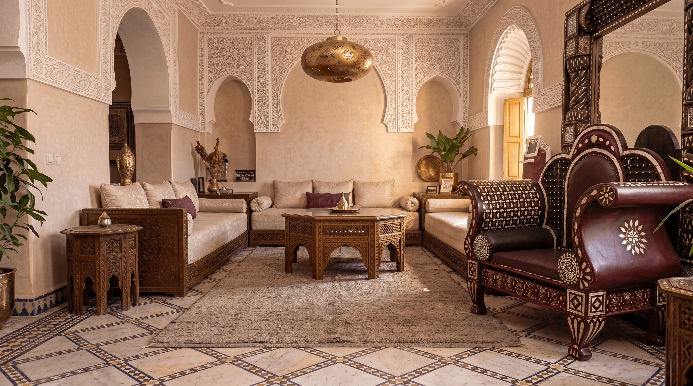 Restored Marrakech riad salon with the brand's banquette, throne chairs and brass pendant