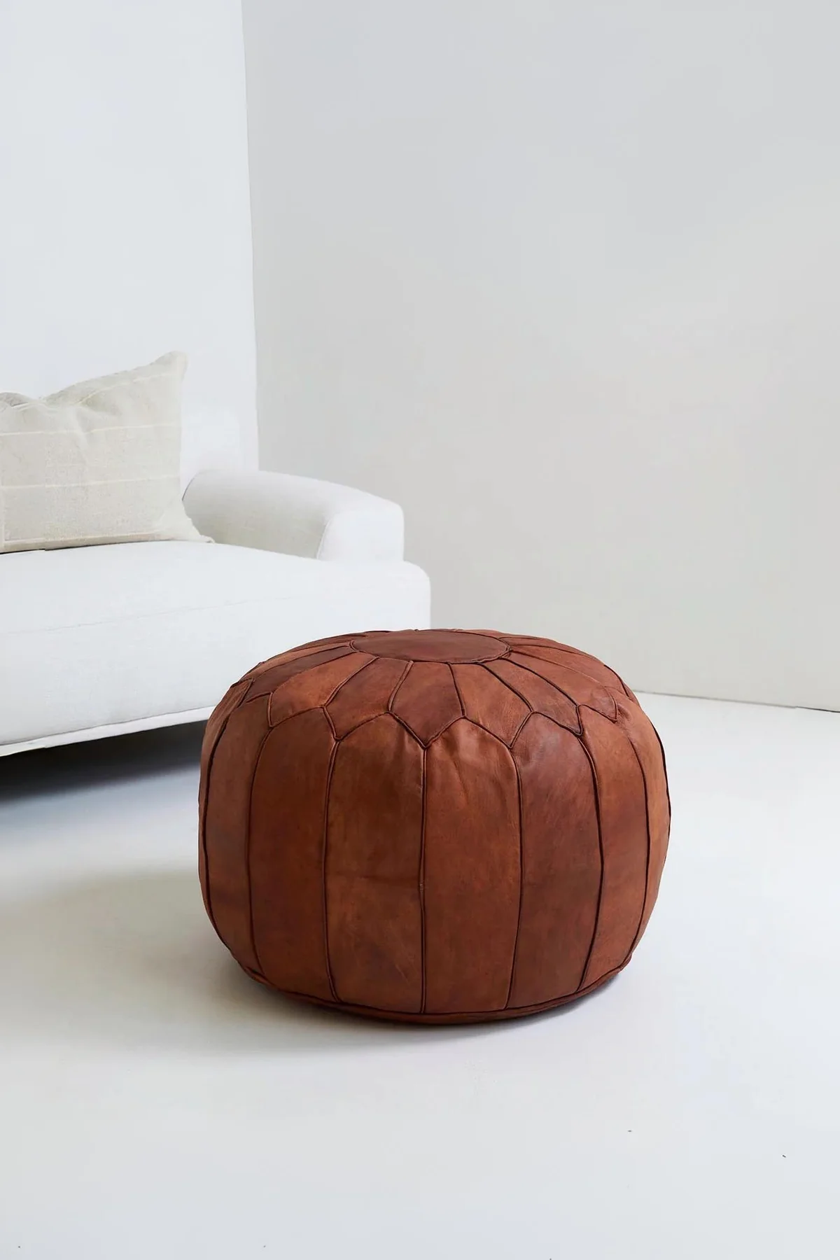 Chestnut Panelled Leather Pouf