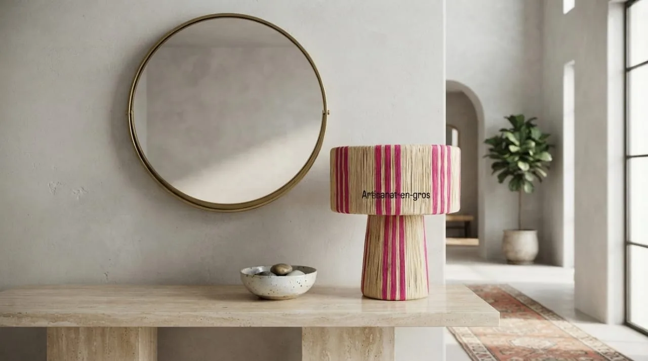Raffia Table Lamp, Pink Stripe — view 2 of 5