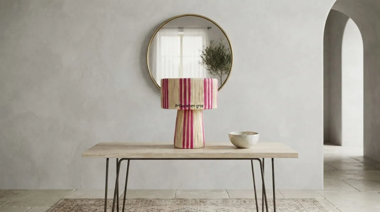 Raffia Table Lamp, Pink Stripe — view 3 of 5