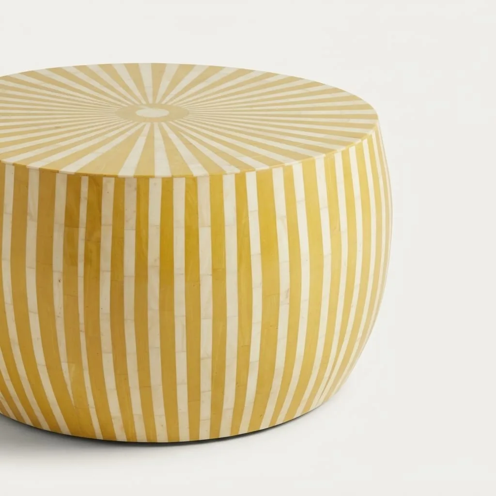 Striped Inlay Drum Table, Mustard — view 4 of 5