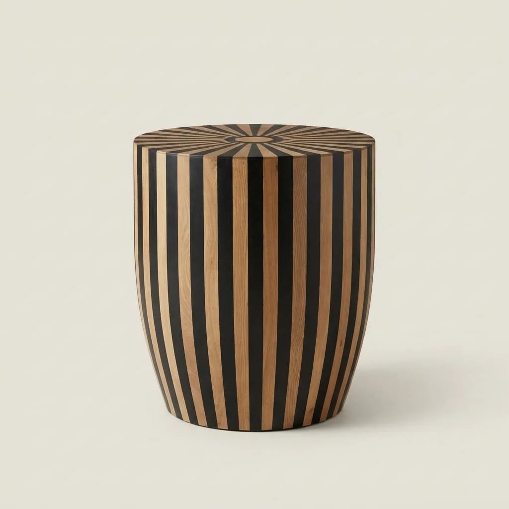 Striped Inlay Drum Table, Oak