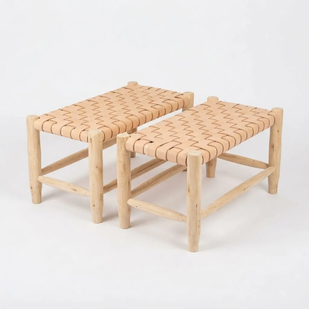 Woven Leather Bench, Nude — view 1 of 4