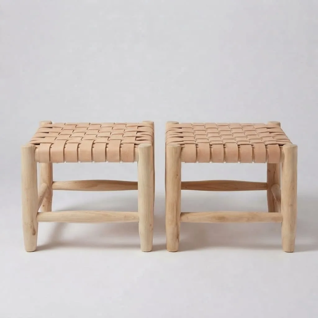 Woven Leather Bench, Nude — view 3 of 4