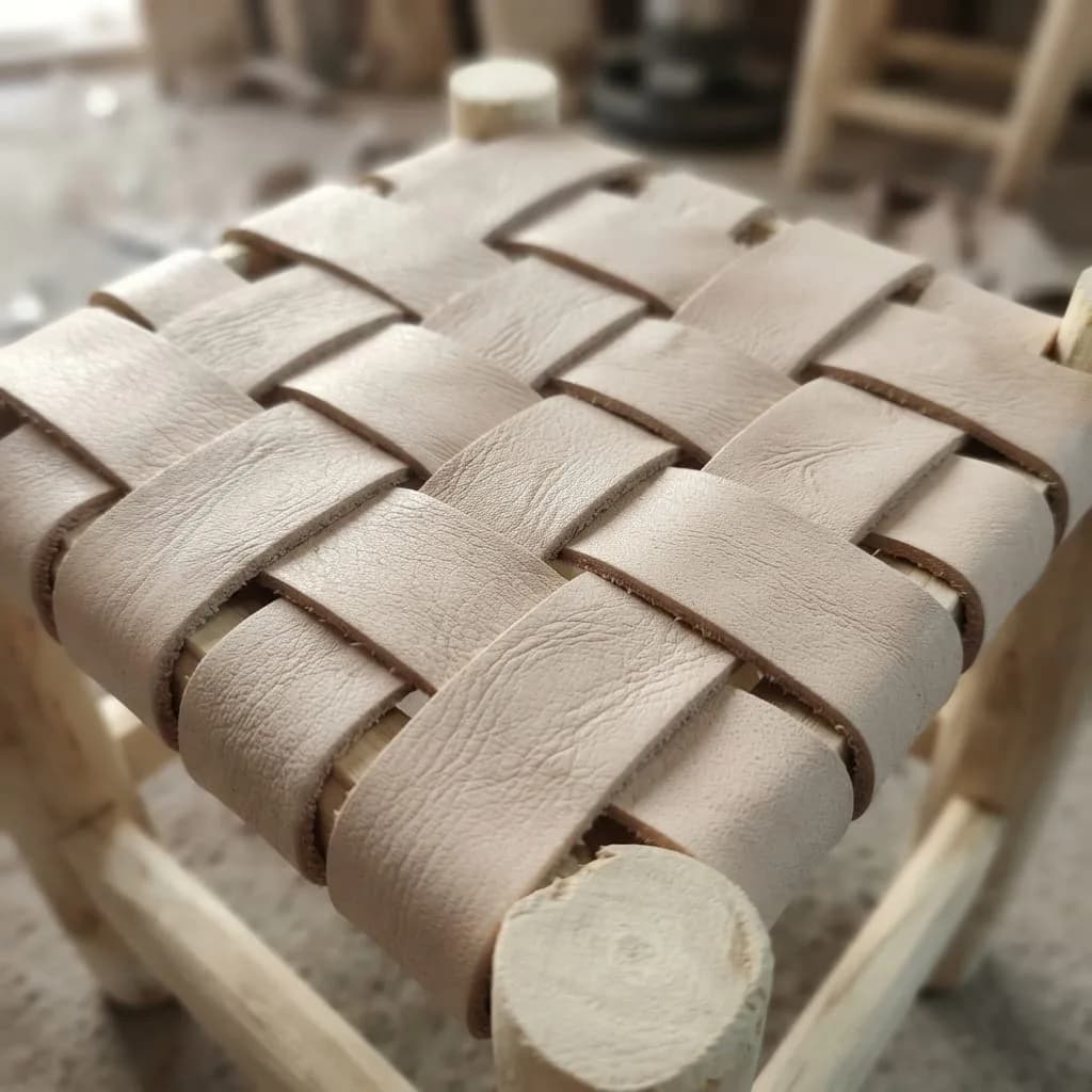 Woven Leather Stool, Beige