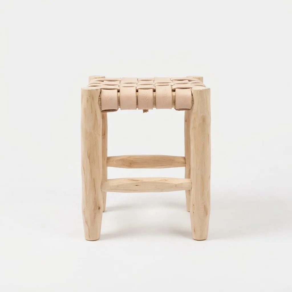 Woven Leather Stool, Beige — view 4 of 5
