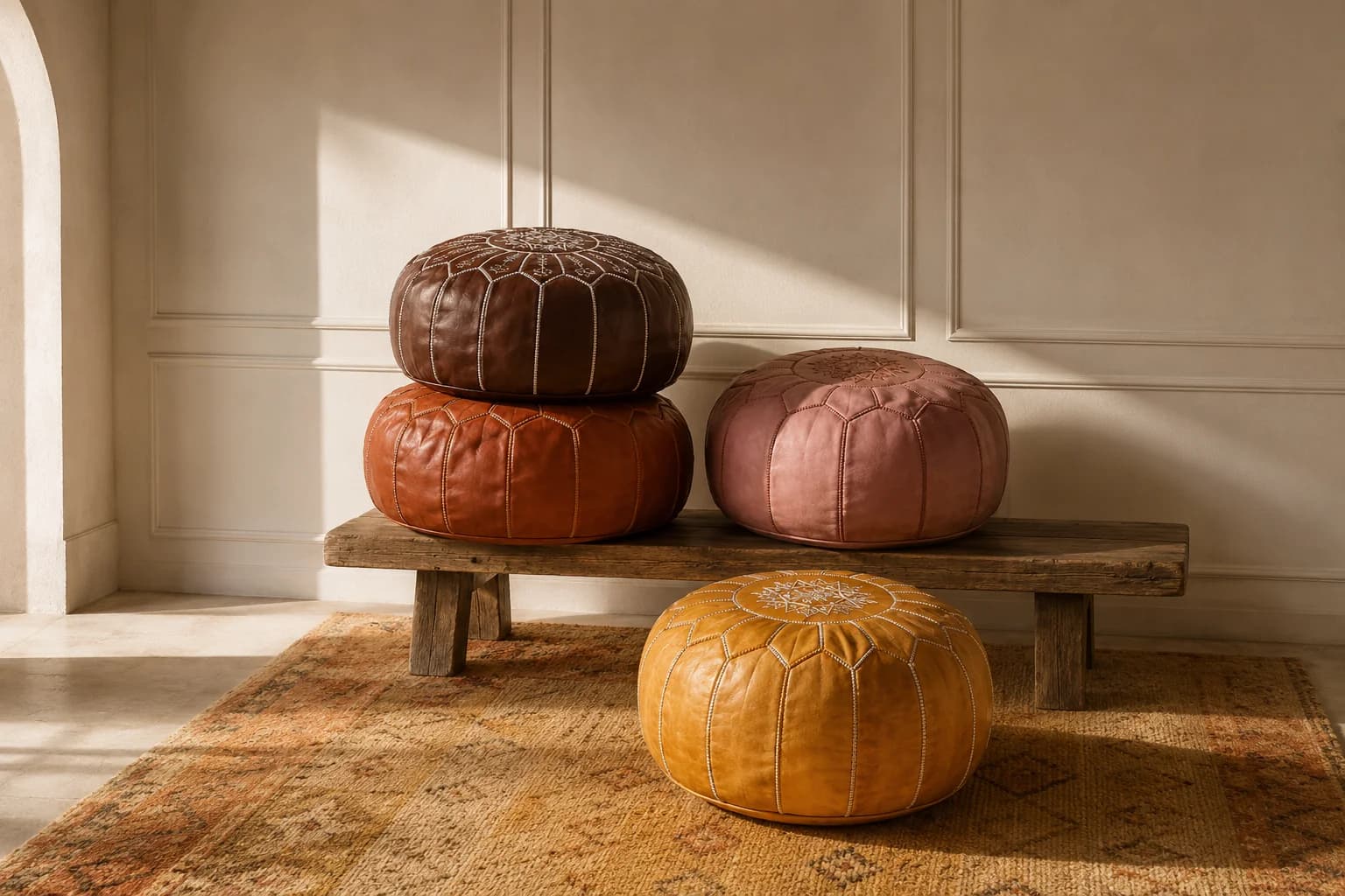 Four hand-stitched Moroccan leather poufs in chocolate, cognac, rose and saffron arranged on a raw-oak bench over a vintage Berber rug