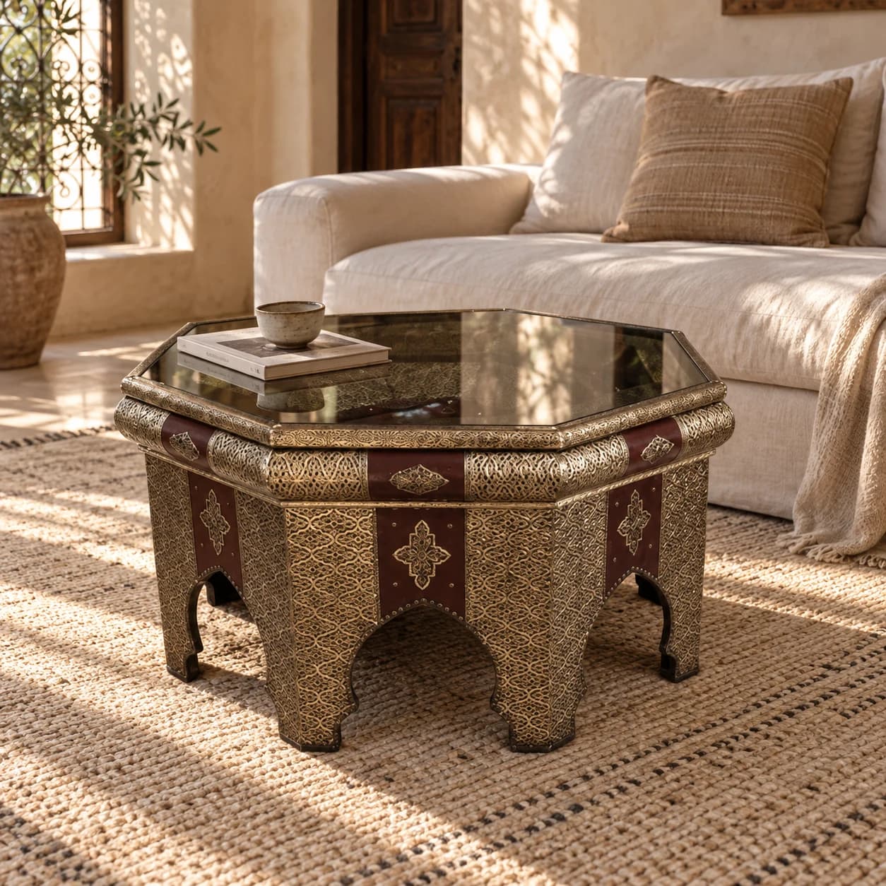 Octagonal coffee table beside a linen sofa