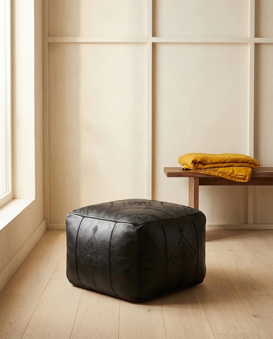 Black Panelled Leather Pouf