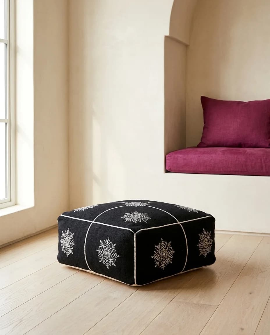 Black Embroidered Pouf