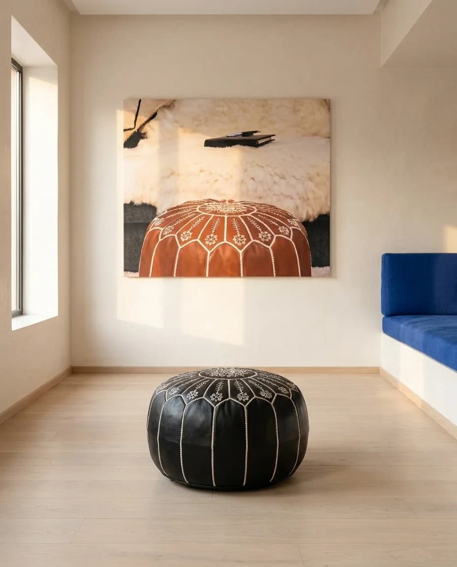 Black Leather Pouf