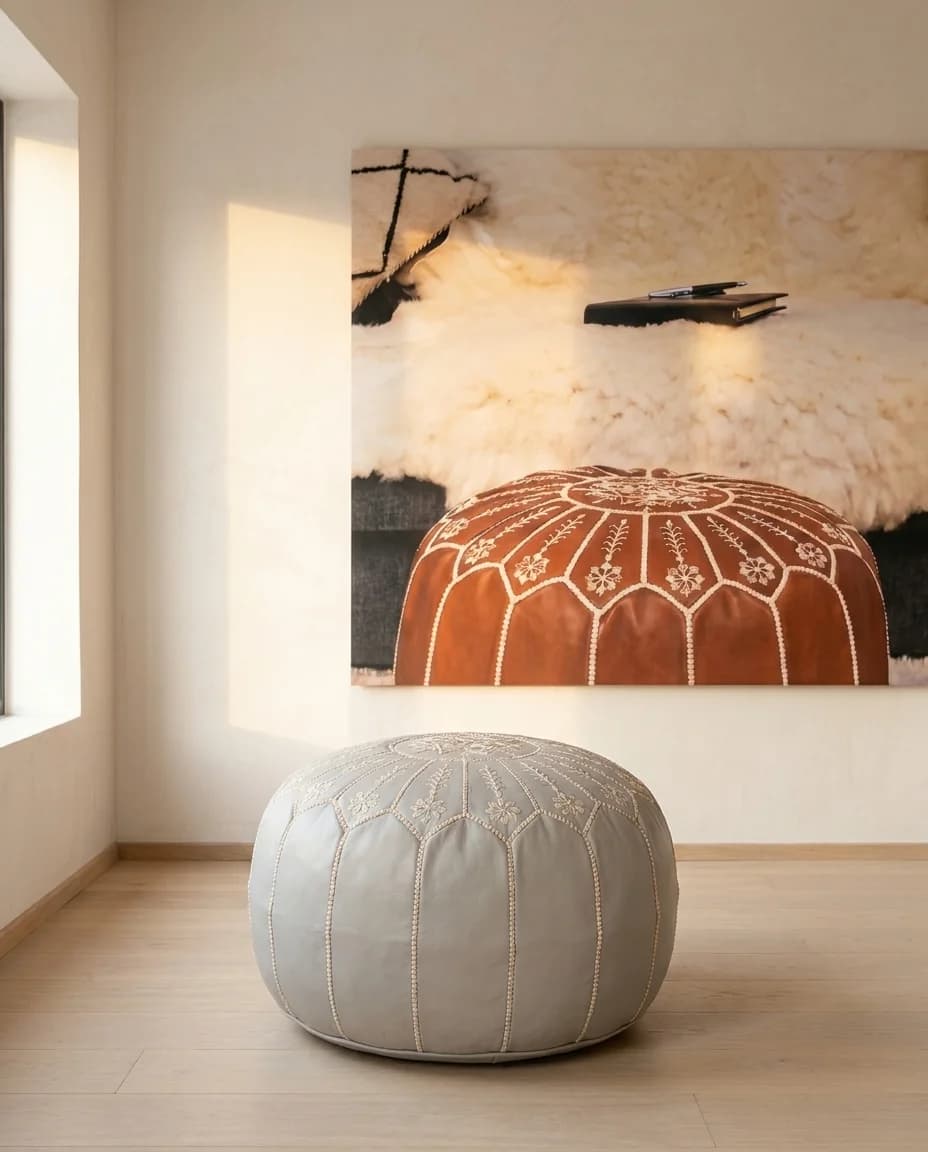 Pearl Grey Leather Pouf