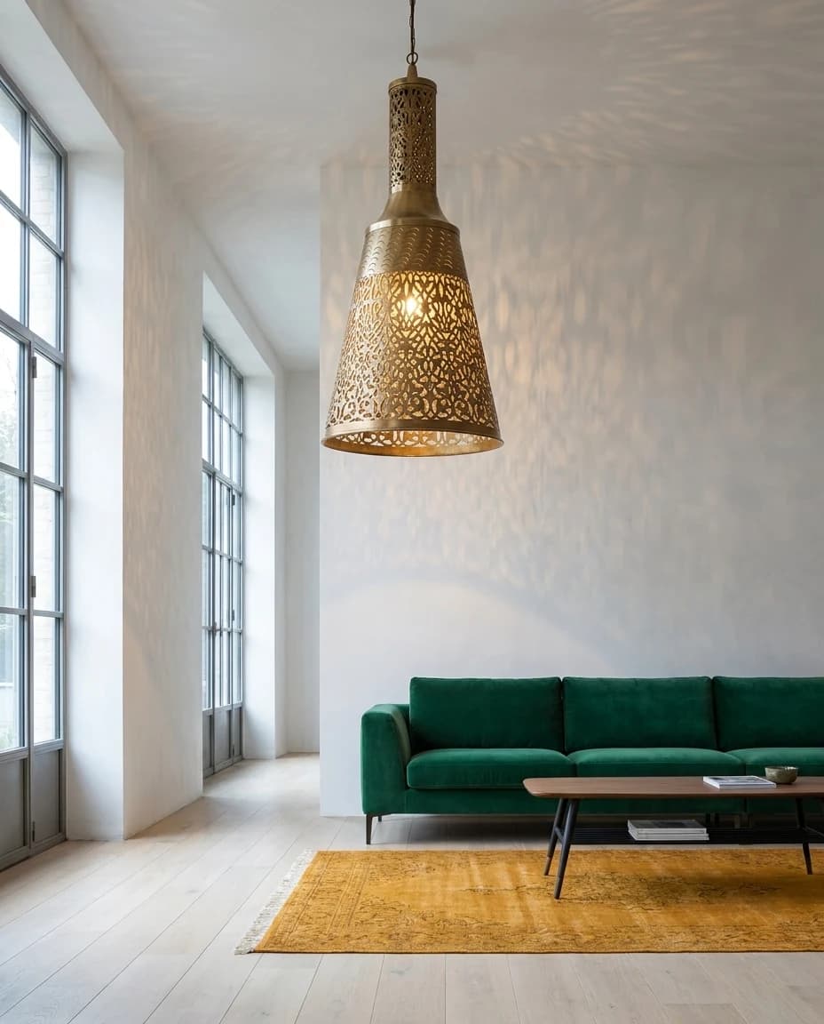 Pierced brass pendant above a green sofa in a bright sitting room