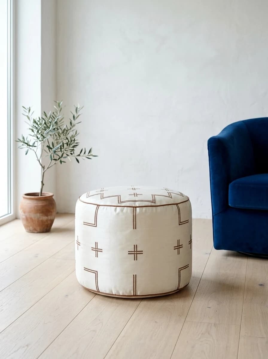 Ivory stitched pouf beside a blue armchair