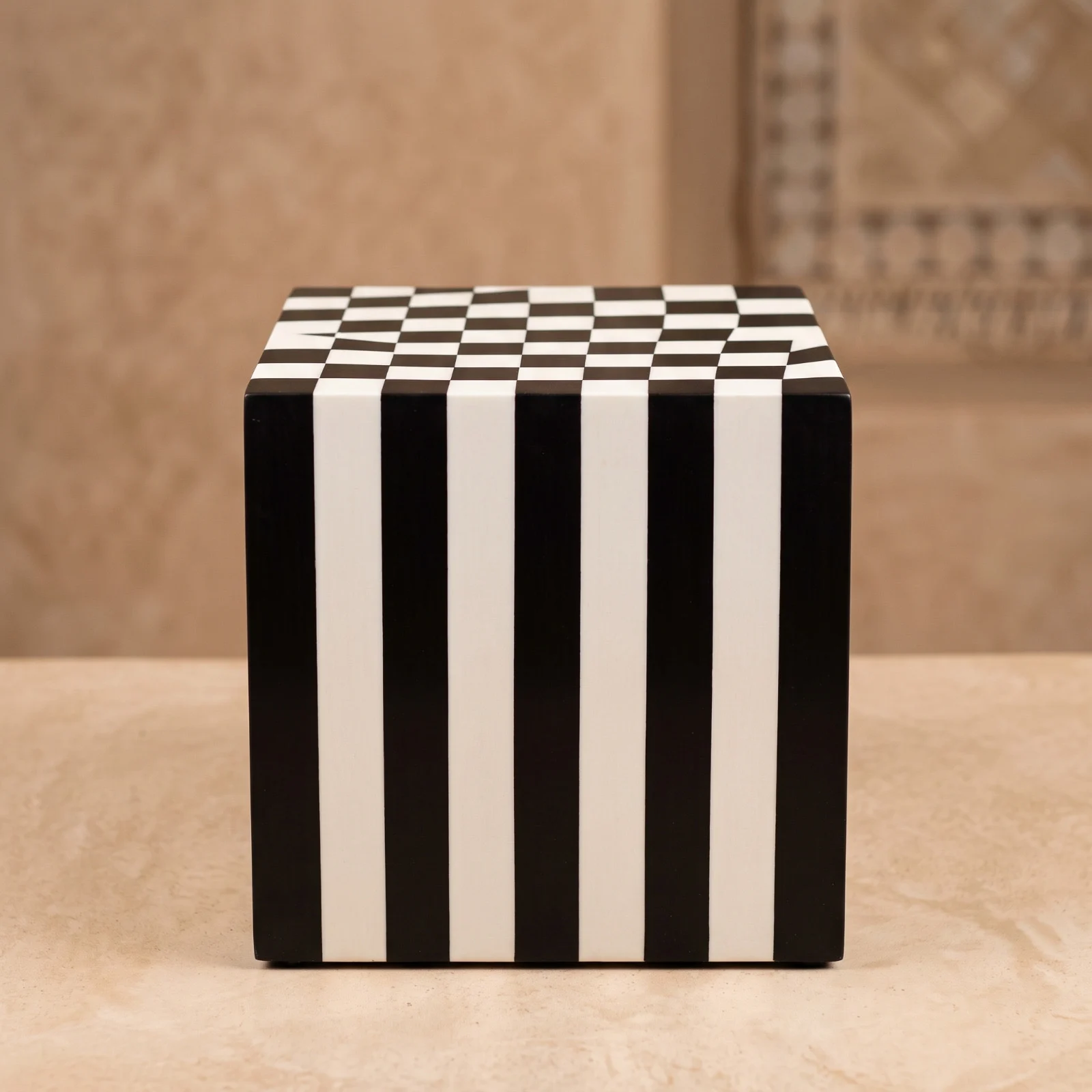 Black White Striped Cube Side Table