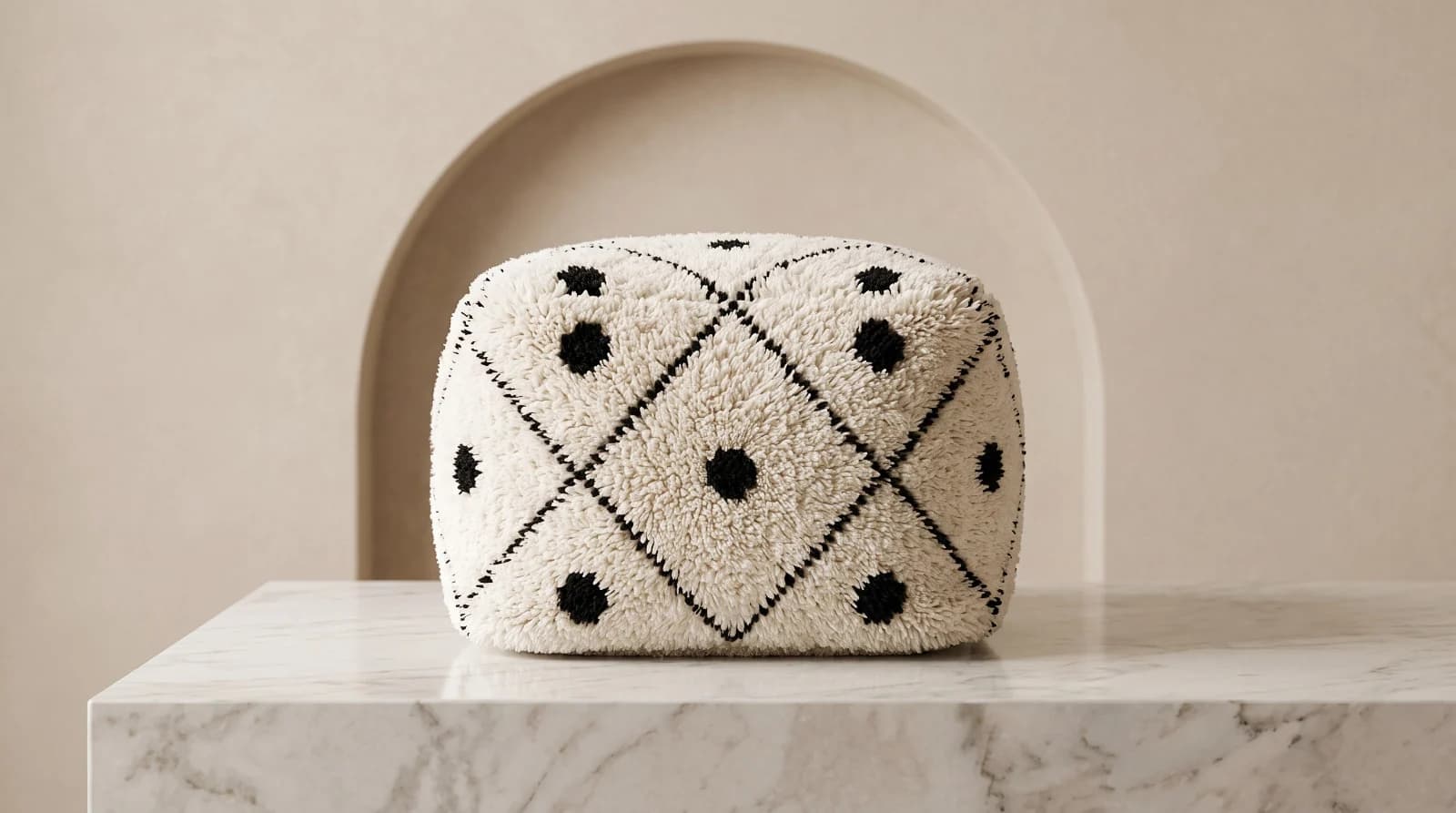 Cream Black Diamond Dot Cube Pouf