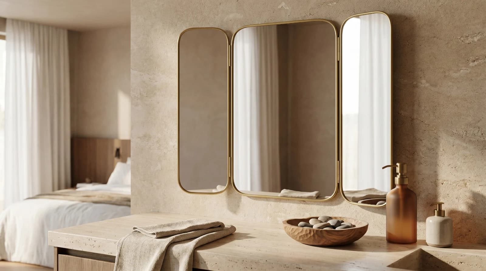 Gold Tone Rounded Triptych Mirror