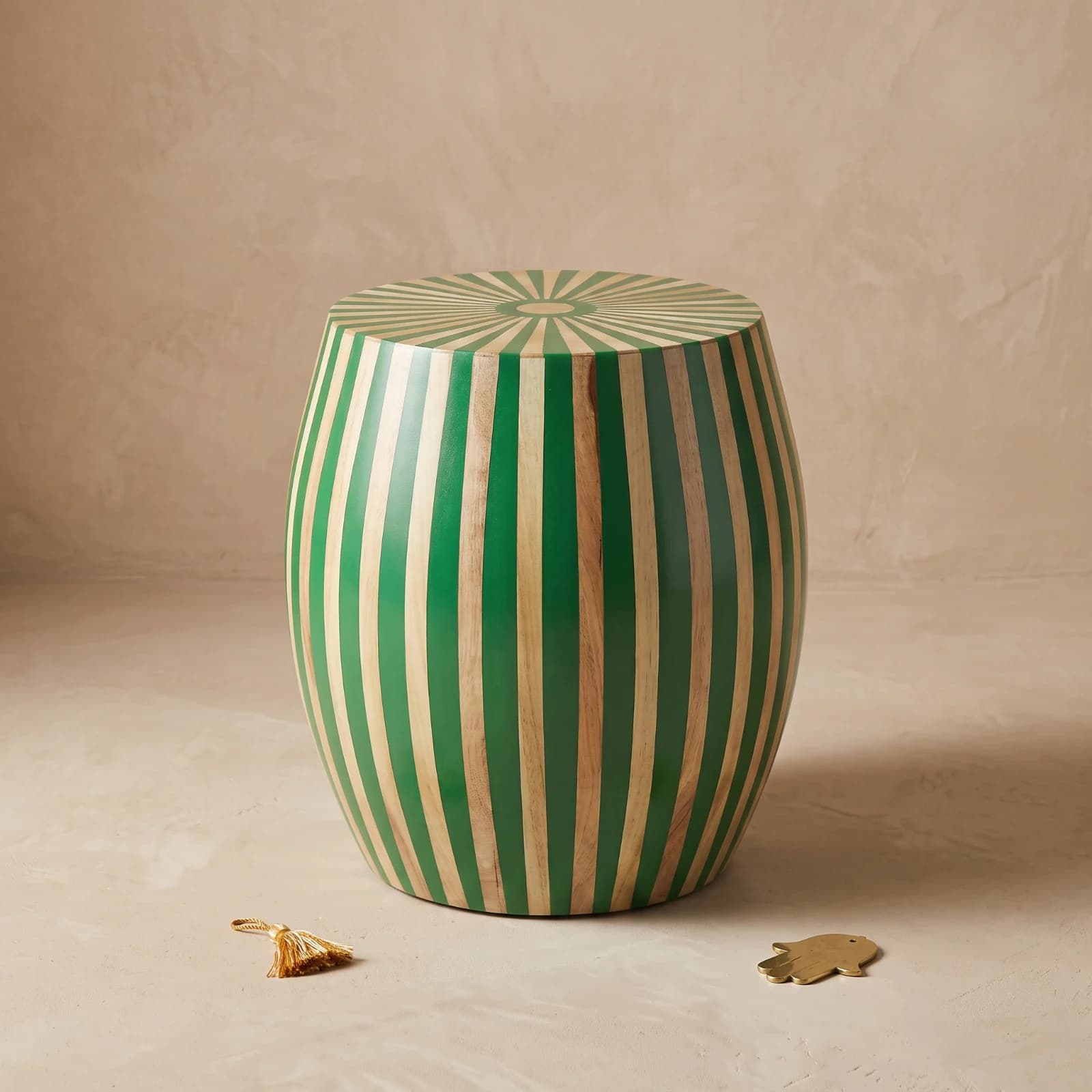 Green Cream Striped Barrel Side Table