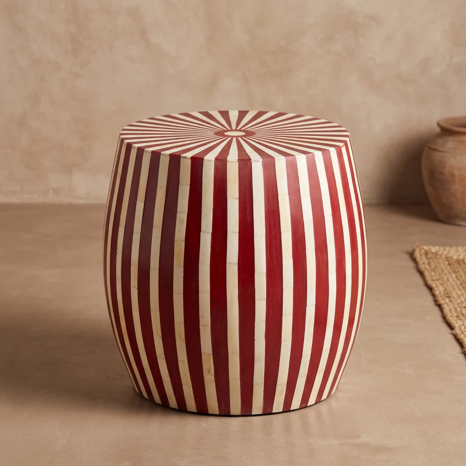 Red Cream Striped Barrel Side Table