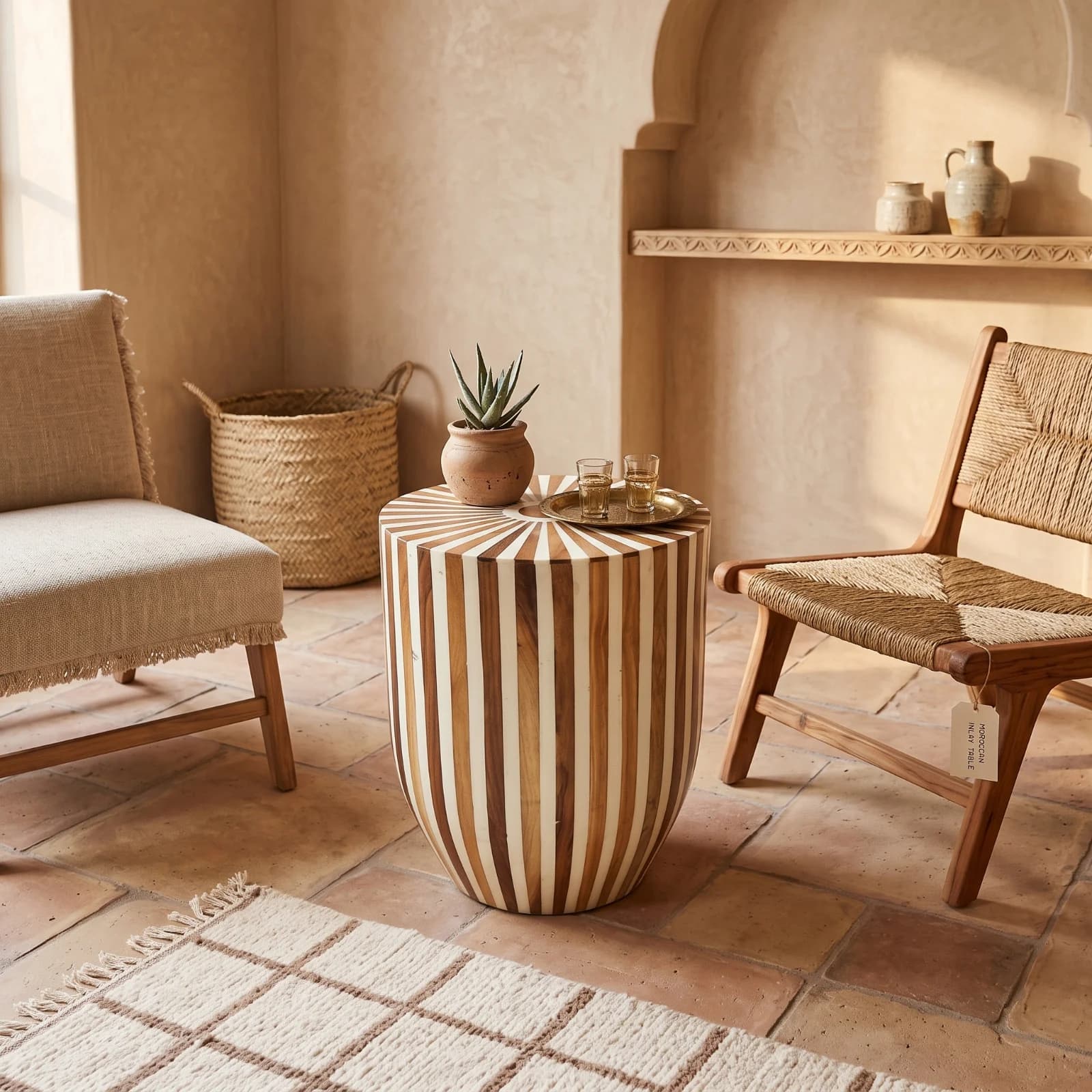 Tan Cream Striped Barrel Side Table