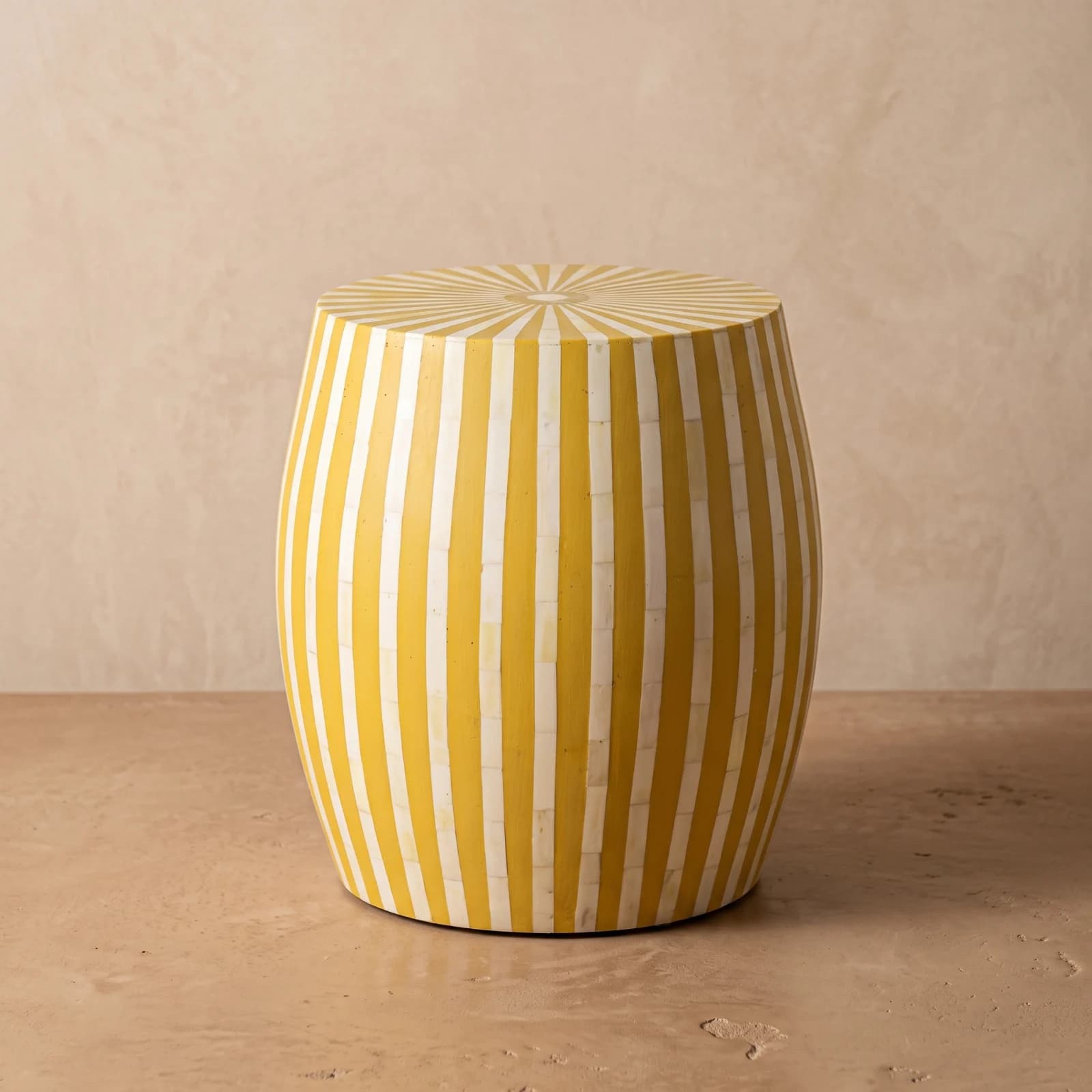 Yellow Cream Striped Barrel Side Table