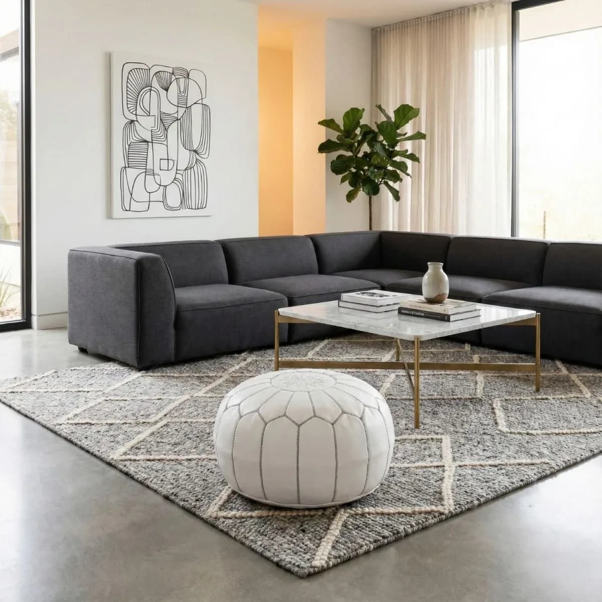leather pouf — pearl grey