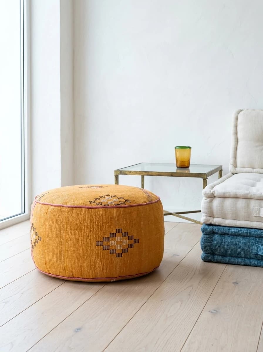 kilim pouf — orange & blue
