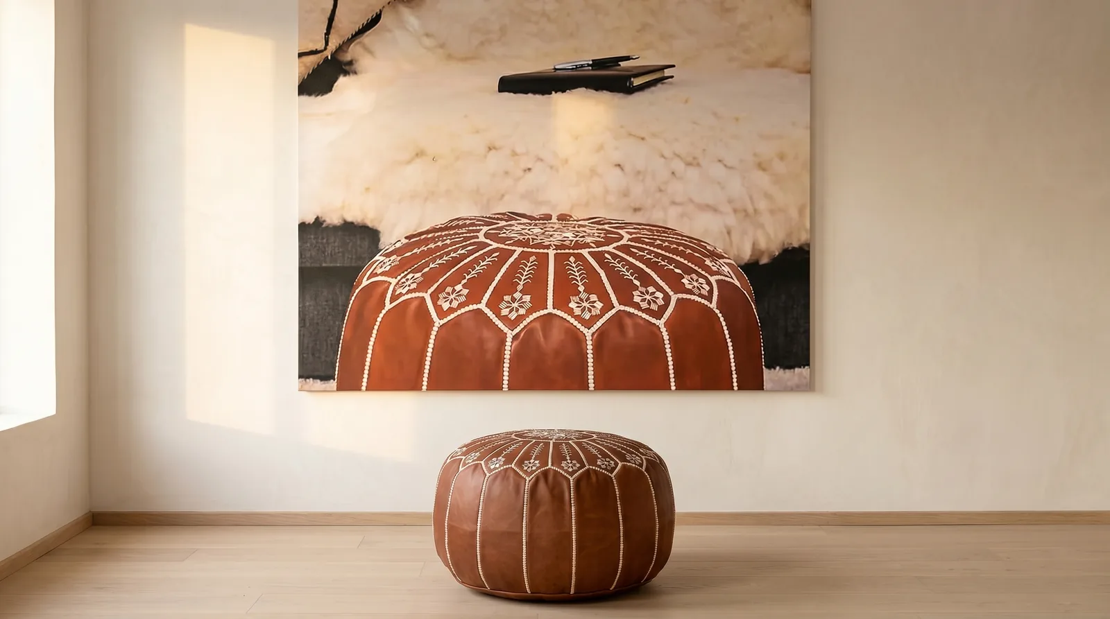 leather pouf — cognac